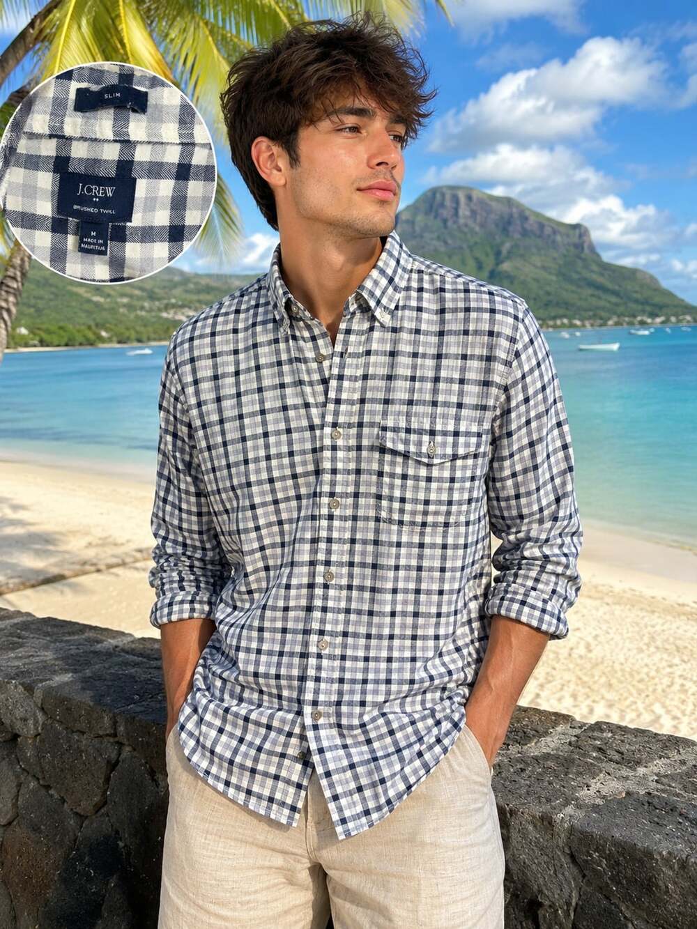 J.Crew Slim Brushed Twill Button Down Shirt in Navy White Gingham Plaid
